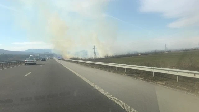 Горят сухи треви край магистралата