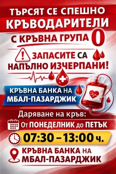 Спешен призив за кръводарители с нулева кръвна група от МБАЛ-Пазарджик, всичките им запаси са напълно изчерпани!