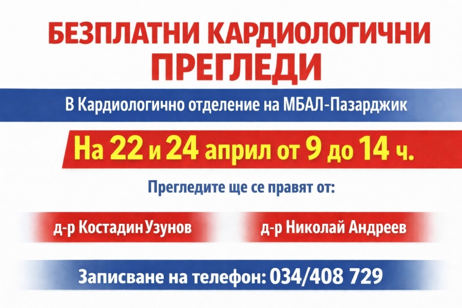 Безплатни кардиологични прегледи в МБАЛ-Пазарджик, поводът – 15 години инвазивна кардиология в лечебното заведение
